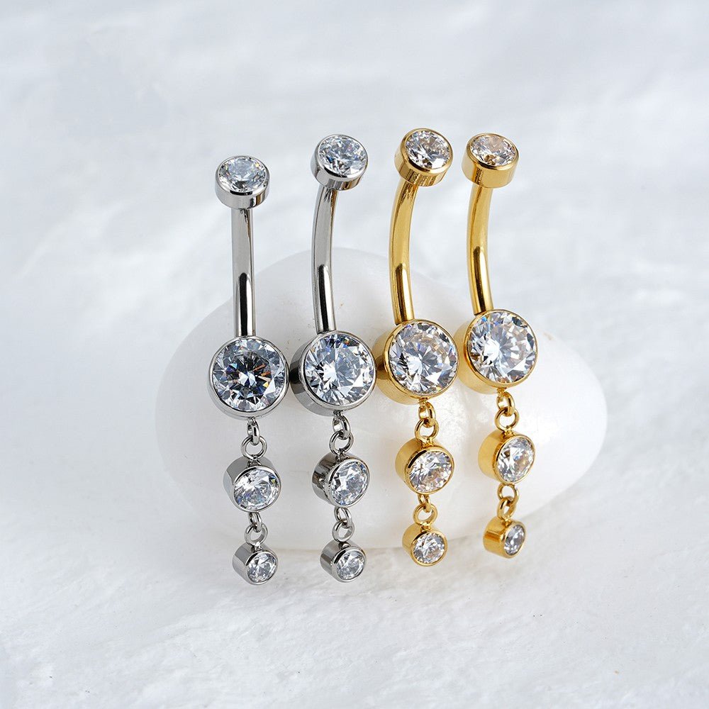 Titanium Dangle CZ Gems Belly Ring Drop Pendant CZ - MANOUNE Belly_Jewelry Earrings - Navel_Ring - Necklace - Stud - Manoune_Jewelry - Belly_Ring - Navel_Jewelry Titanium Gold_Plated