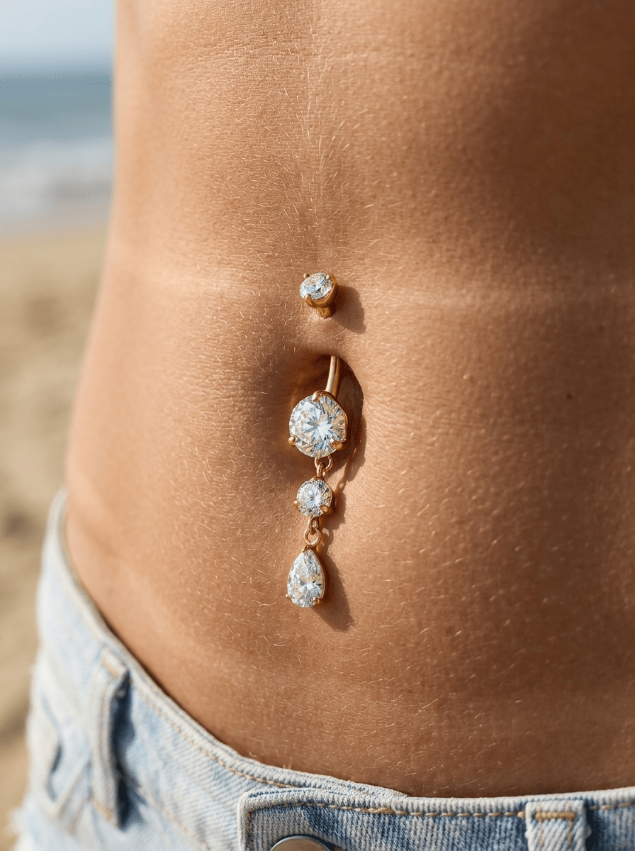 Titanium Teardrop CZ Dangle Belly Ring Dangling CZ Statement - MANOUNE Belly_Jewelry Earrings - Navel_Ring - Necklace - Stud - Manoune_Jewelry - Belly_Ring - Navel_Jewelry Titanium Gold_Plated